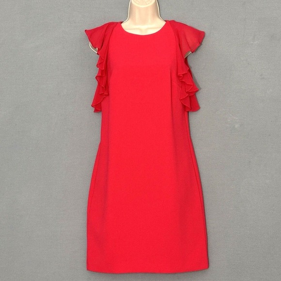 Trina Turk Women Dress 0 Watermelon Red Sheath Sheer Flutter Classic Girly Party - Picture 3 of 16